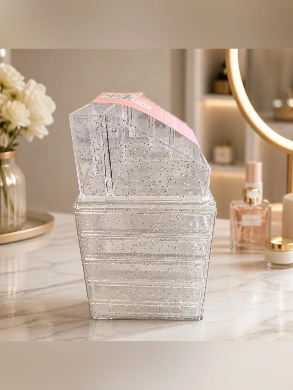 Juicy Couture Stackable Cosmetic Organizer 2 Piece Clear Glitter Set